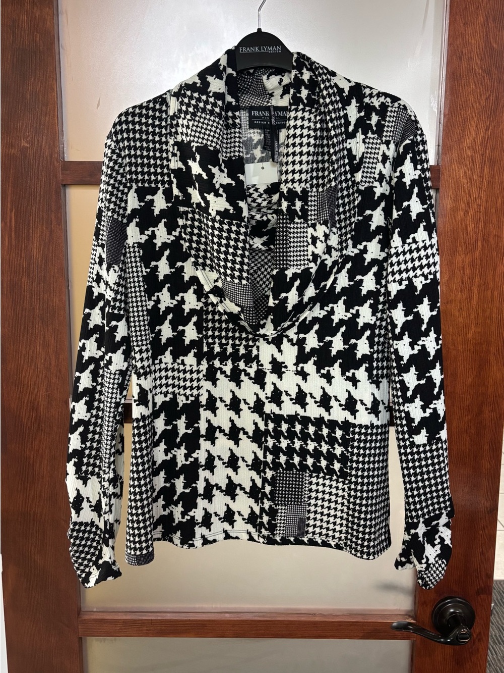 Frank Lyman Design Patchwork Houndstooth Cowl Neck Top